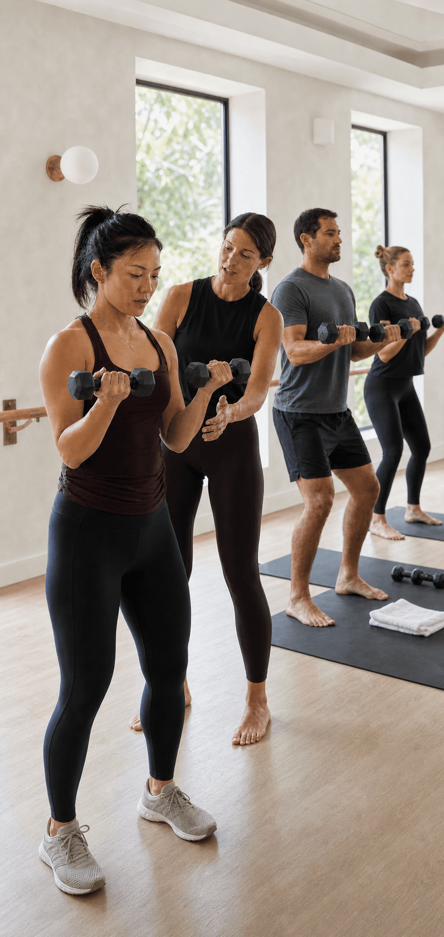 A coach guiding members through a small-group strength class with dumbbells.